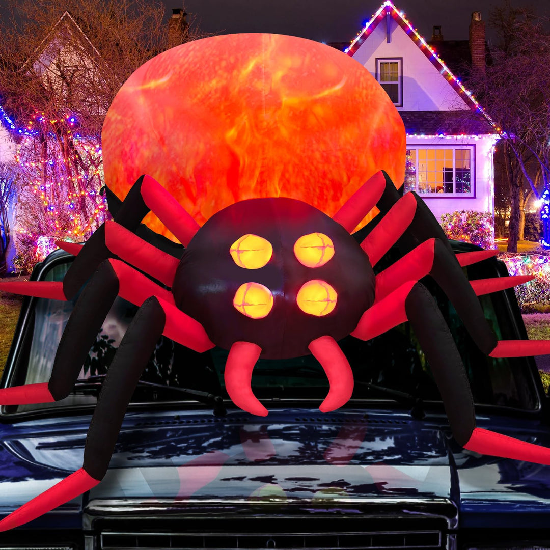 244 cm riesige aufblasbare Halloween-Spinne für den Aussenbereich mit rotierendem LED-Flammenlicht a