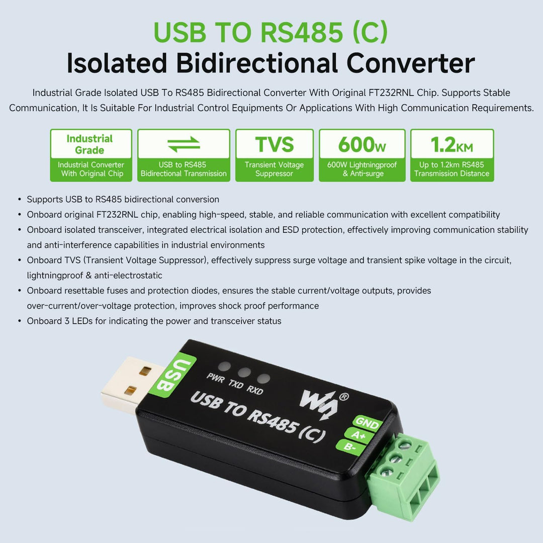 Waveshare USB to RS485 (C) Industrial Grade Isolated Bidirectional Converter, Features The FT232RNL