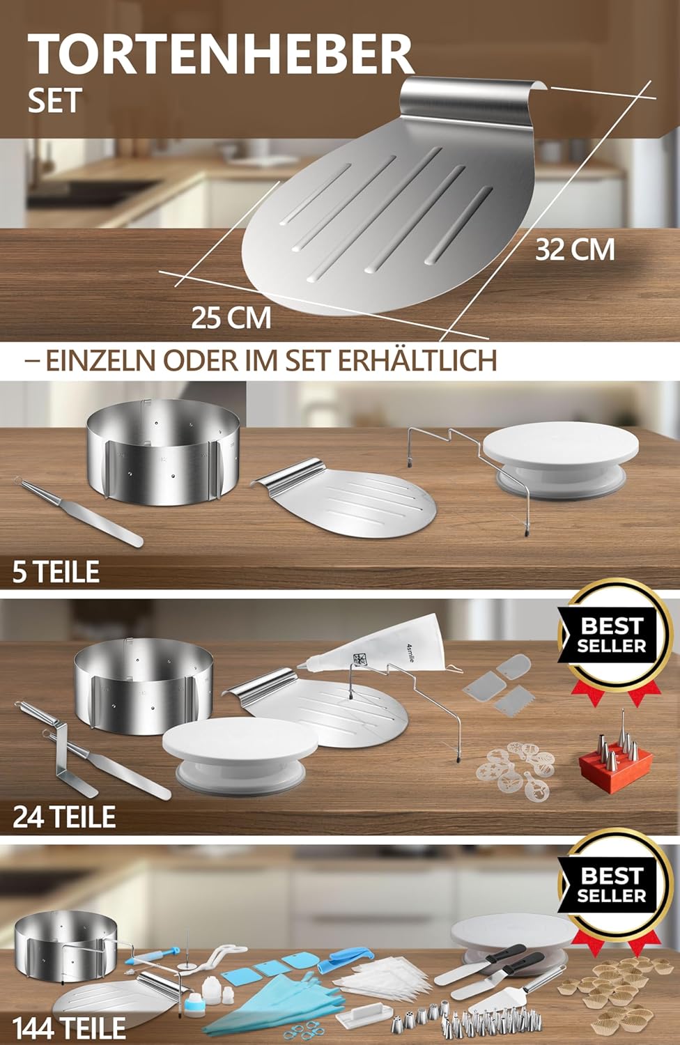 4smile Edelstahl Tortenheber Set, 5 Teile -Tortenheber + Tortenring verstellbar hoch 8,5 cm + Torten