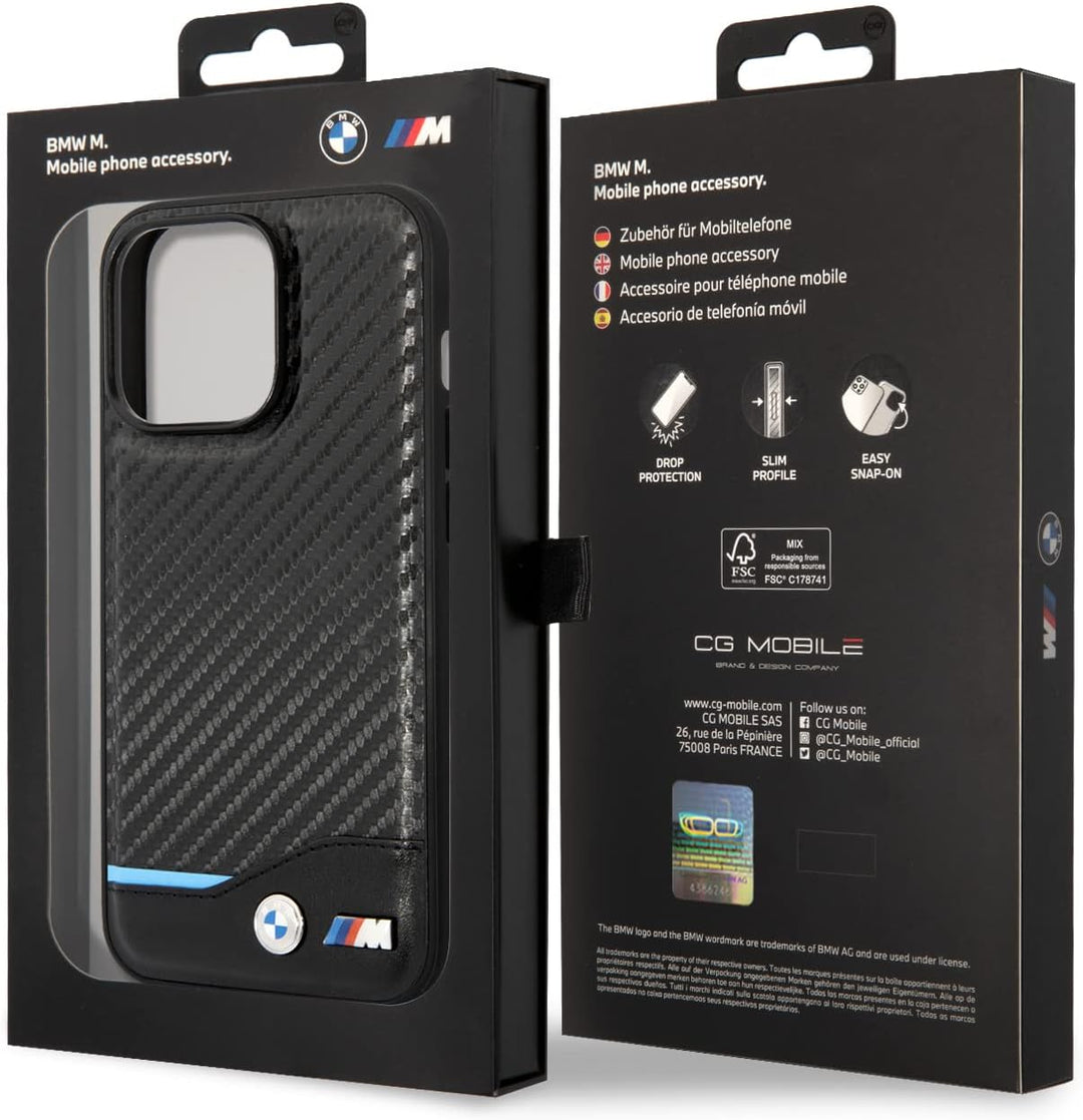 BMW Handyhülle für iPhone 14 Pro in Schwarz mit horizontaler blauer Linie, PU-Kohlefaser-Schutzhülle