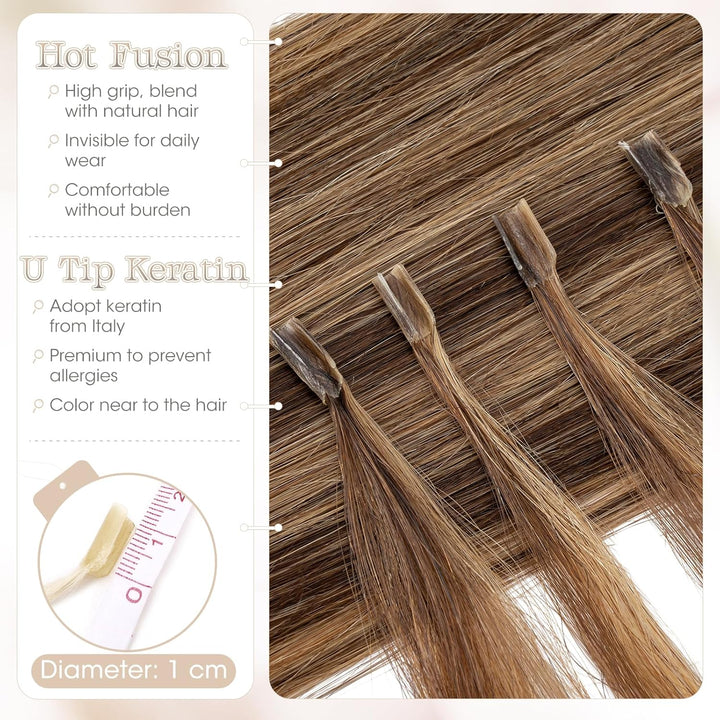 Elailite Extensions Echthaar Bonding 1g/s 50cm #4P27 Mittelbraun/Honigblond U Tip Hair Extensions Ha