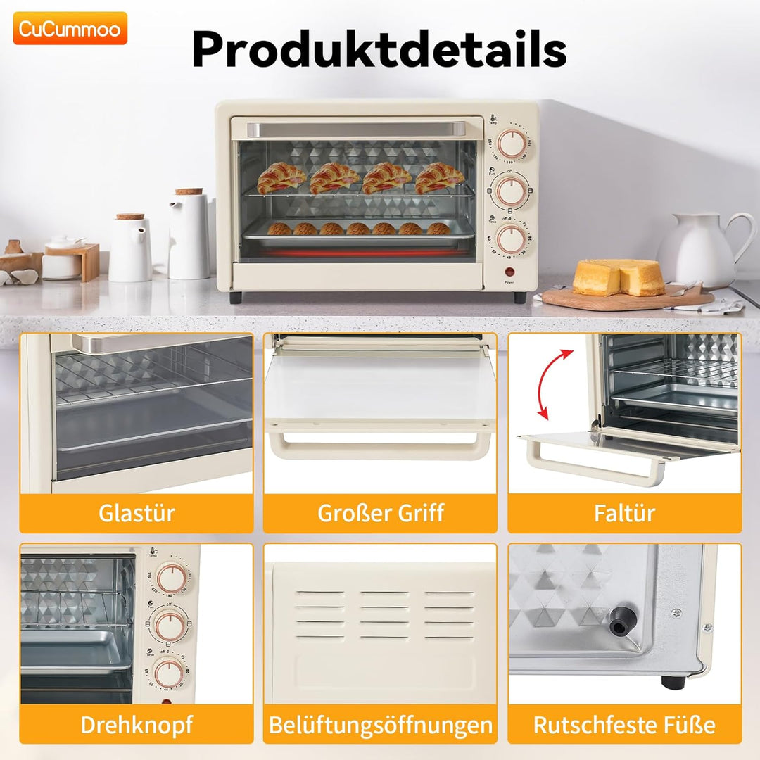 22 L Minibackofen, Klein mini Backofen mit Grillpfanne & Grillrost, 1000 W, 60Mins Timer, Pizza-Ofen