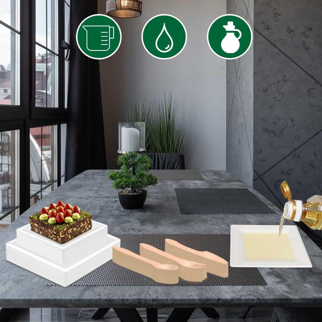 HOMURG Pappteller Eckig und Holz Besteck 30 Set, Robust Partygeschirr mit Einwegteller und Einwegbes
