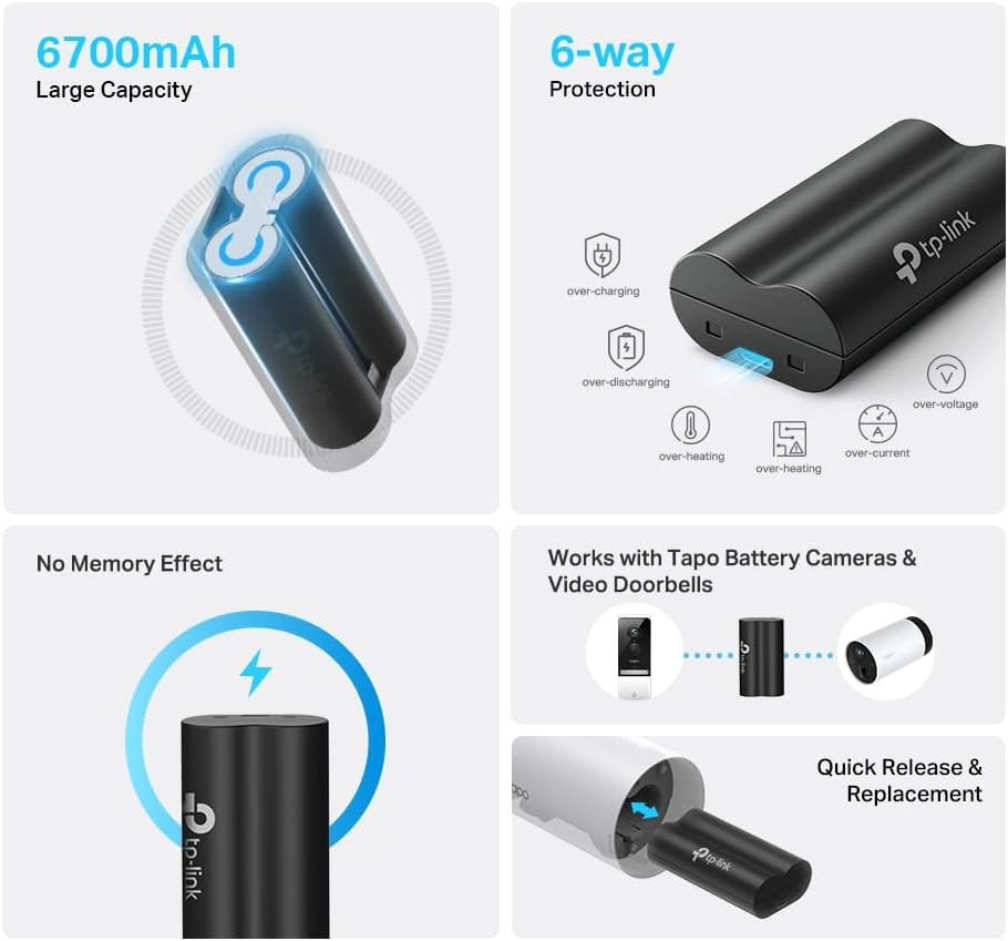 Tapo TP-Link Ersatzakku A100, Funktioniert Akku-Kameras & Video-Türklingeln C420, C400, D230, 6700mA