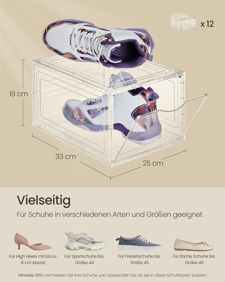 SONGMICS Schuhboxen, Schuh-Organizer aus Kunststoff, mit Tür, durchsichtig, Kunststoffboxen, 12er Se