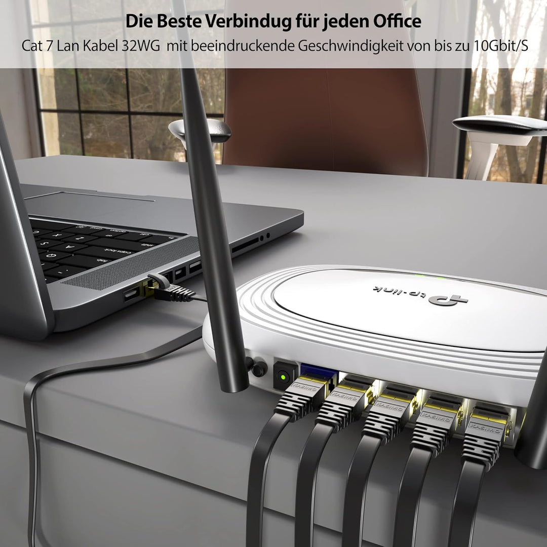 KASIMO Cat7-Gigabit-Ethernet-Kabel, 20 m, schwarz, Hochgeschwindigkeits-Flach-RJ45, kompatibel mit P