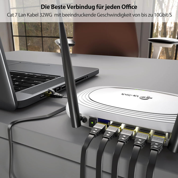 KASIMO Cat7-Gigabit-Ethernet-Kabel, 20 m, schwarz, Hochgeschwindigkeits-Flach-RJ45, kompatibel mit P