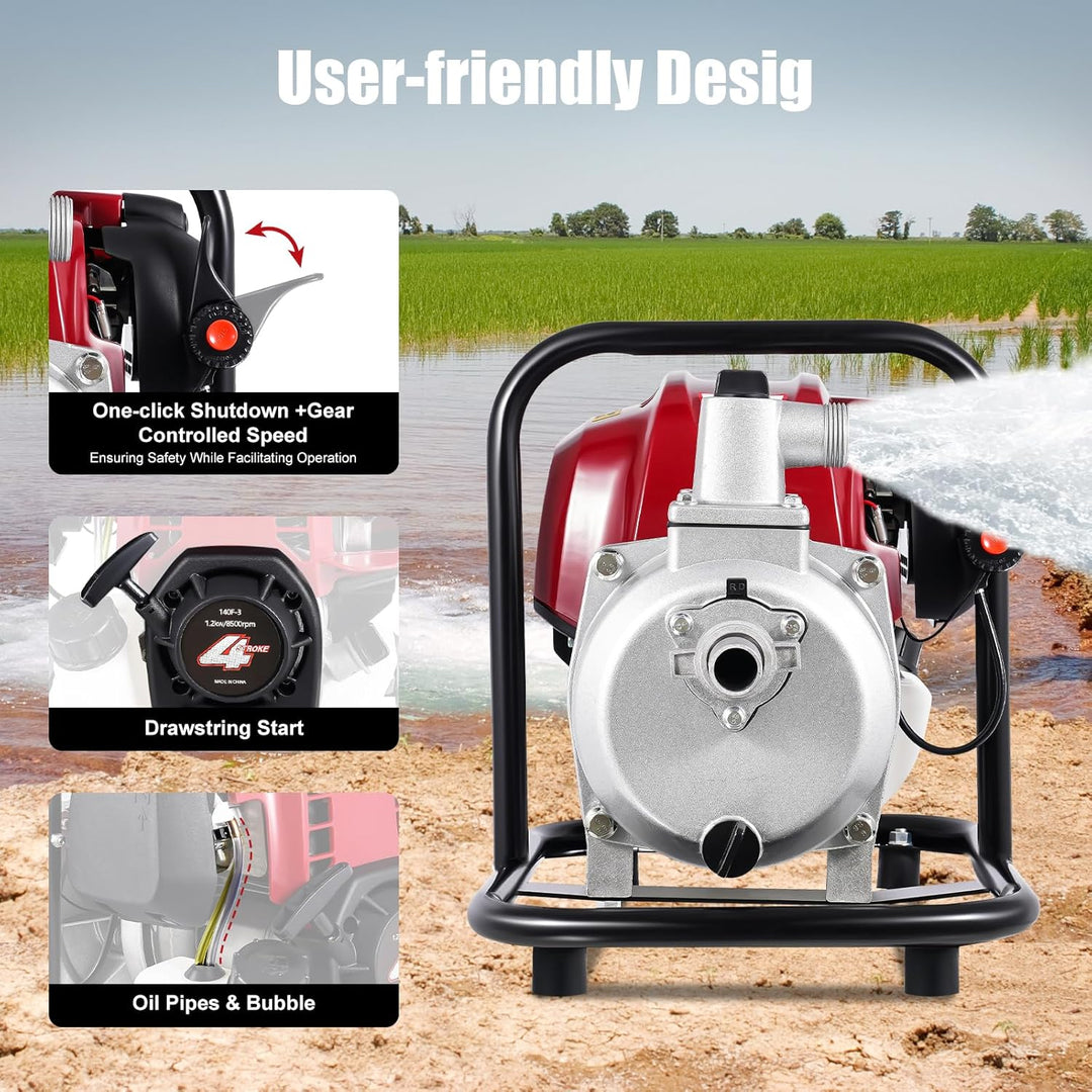 Benzin Wasserpumpe Luftgekühlter Einzylinder 4 Takt Benzinmotor 1” Anschluss Gartenpumpe Frischwasse