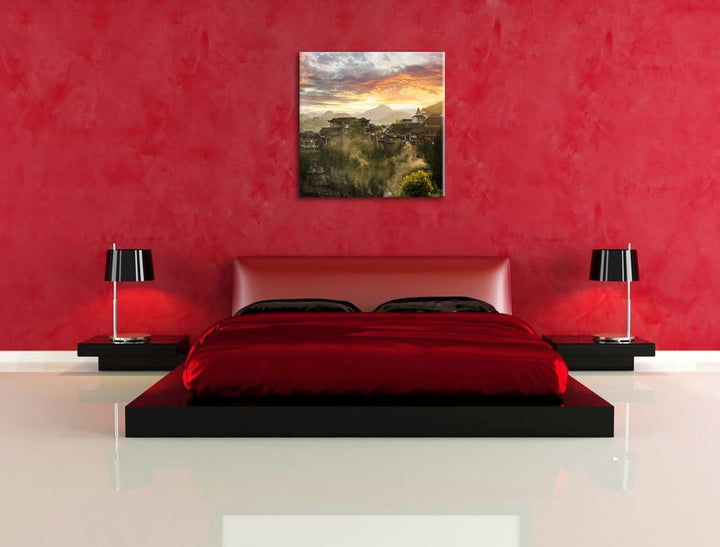 Gigantisches Dorf in China, Format: 70x70 auf Leinwand, XXL riesige Bilder fertig gerahmt mit Keilra