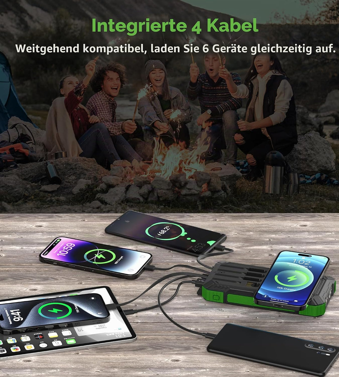 56800mAh Solar Powerbank, Wireless Power Bank gross mit 4 Kabeln, 30W PD Schnellladefunktion, 6 Ausg