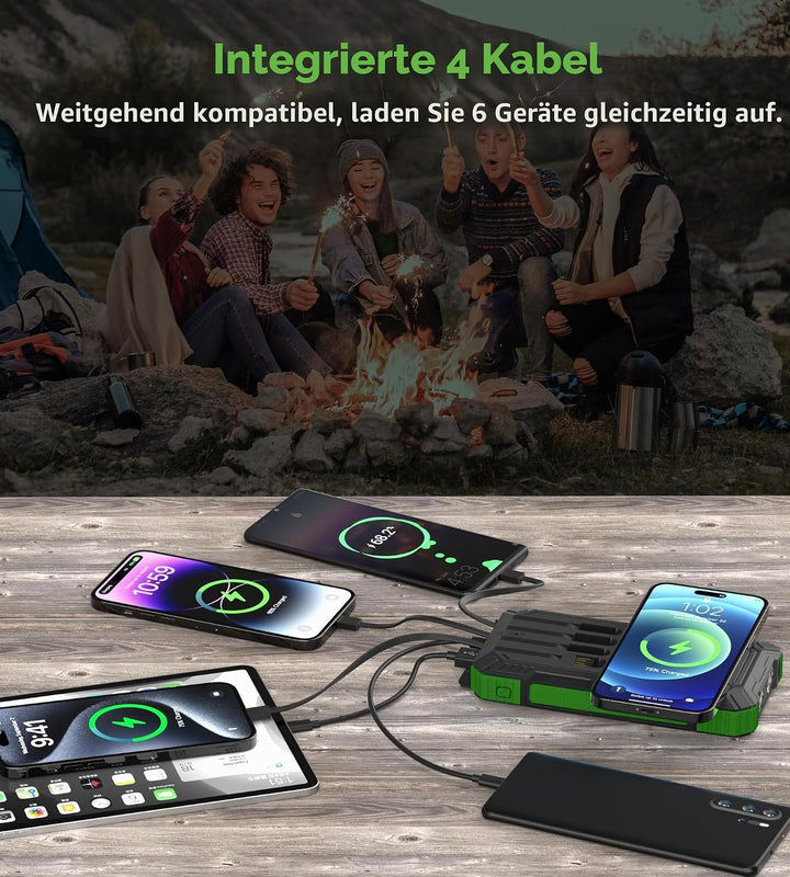 56800mAh Solar Powerbank, Wireless Power Bank gross mit 4 Kabeln, 30W PD Schnellladefunktion, 6 Ausg