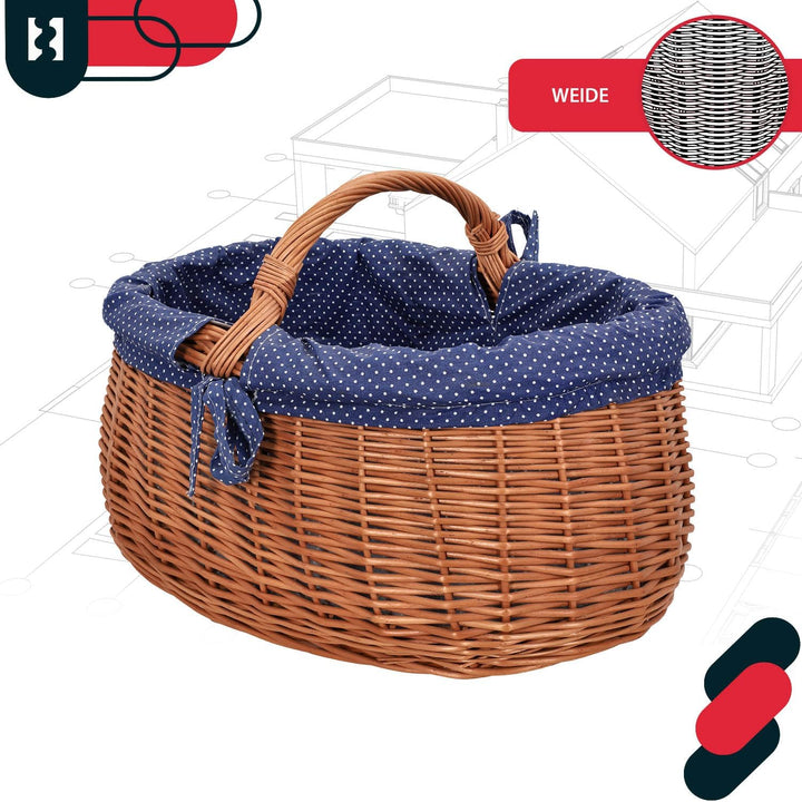 KOTARBAU® Natural Weidenkorb mit Henkel gross | mit Stoffeinlage in Blau | Tragekorb aus Weide Einka