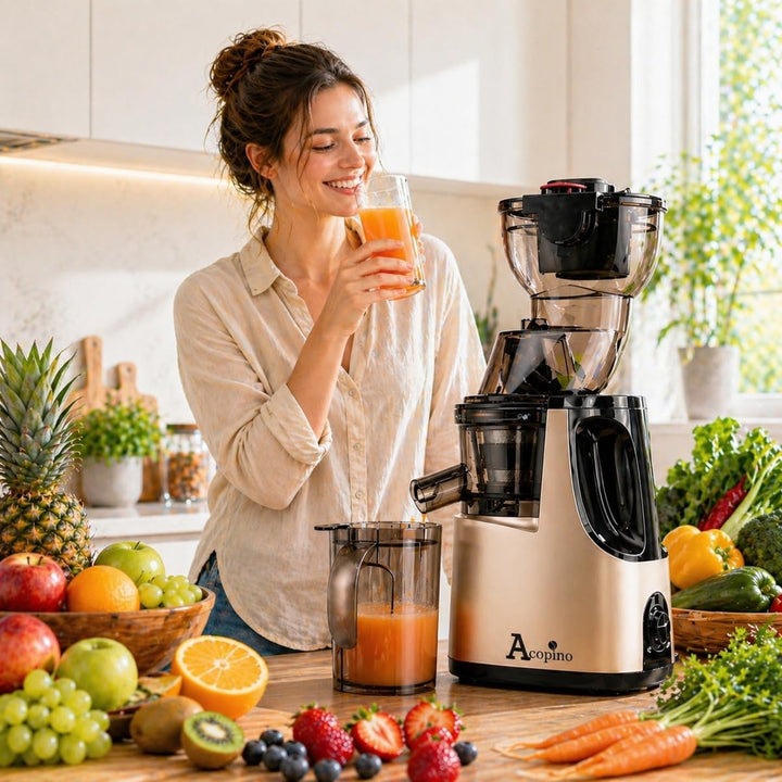 Slow Juicer Delicato, elektrische Fruchtpresse, Entsaften von ganzen Früchten und Gemüse, 83-mm Öffn