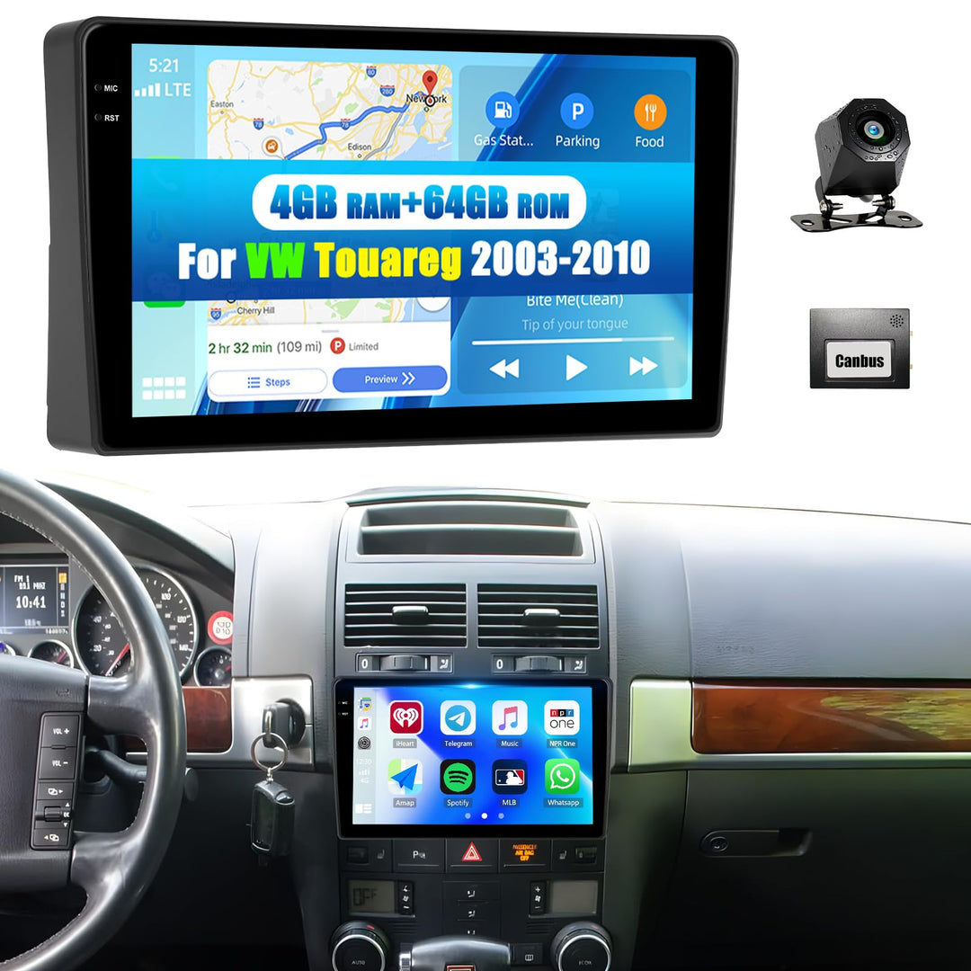 CAMECHO 4+64G Android 15 Autoradio für VW Touareg 2003-2010 mit Wireless Carplay Navi,2 Din Carplay
