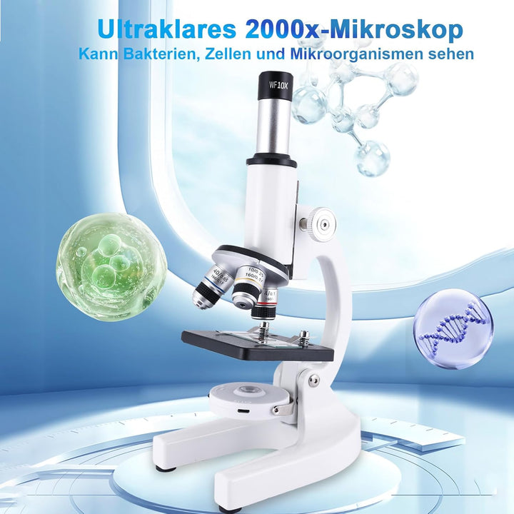 Mikroskop für Kinder, 40 x 2000 x Verbundmikroskop, Handyadapter mit Mikroskop, Gleitmikroskop-Set f