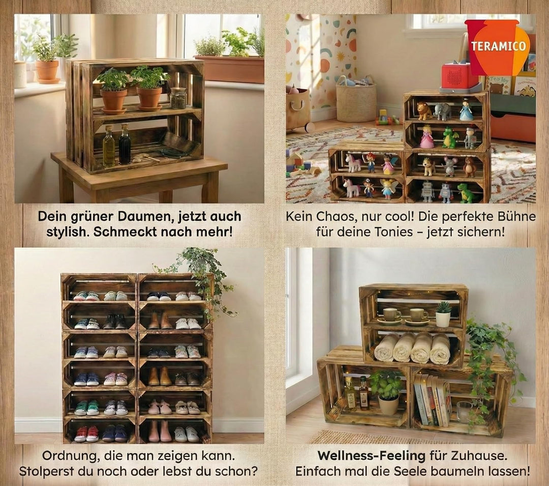 Teramico Vintage Holzkisten 40 x 30 x 25cm geflammt | Weinkisten &amp; Obstkisten | Set-Angebote (2er Se