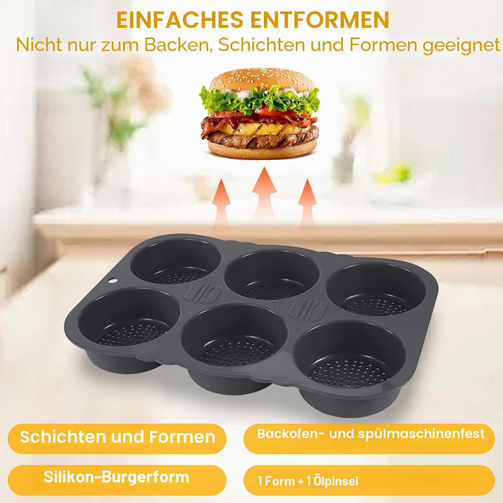 Burger Buns Backform, Brötchenbackformen Rund 10cm Ø Silikon Perforierte mit 6 Hohlräumen Brötchen B