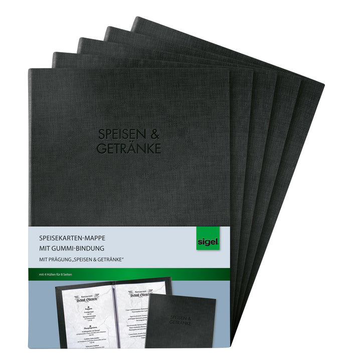 SIGEL SM111/5 Speisekarten-Mappen mit Gummi-Bindung für A4, 5-er Pack, schwarz mit edler Leinenstruk
