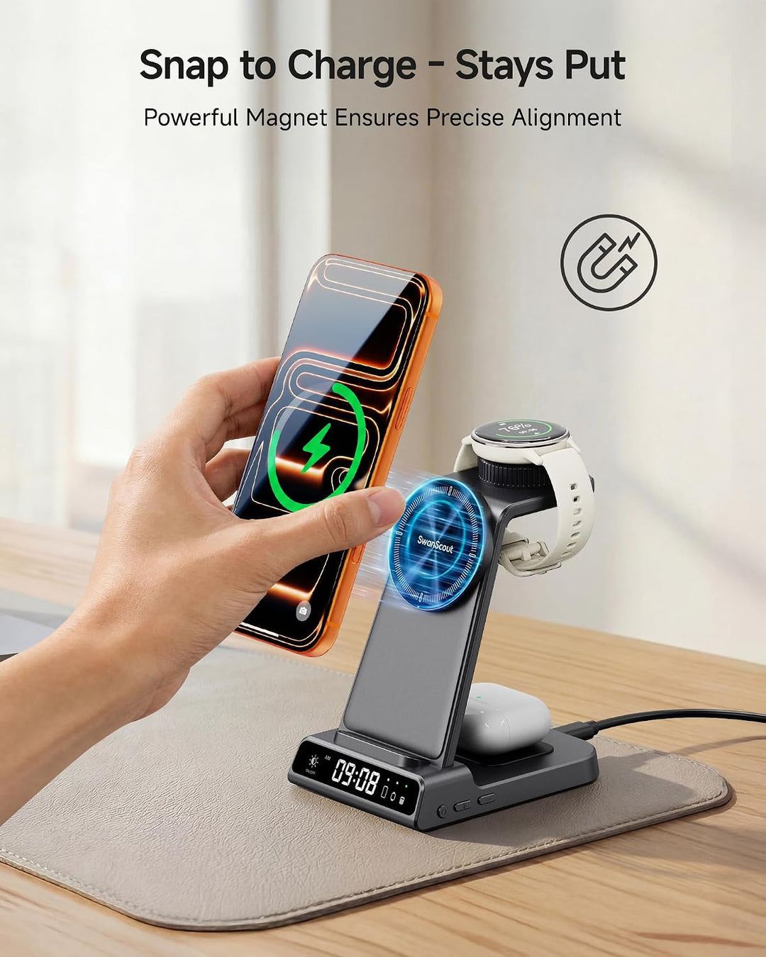 Ladestation für Garmin Watch, Magnetisch Induktive Ladestation für iPhone 17 16 15 14, 3 in 1 Wirele