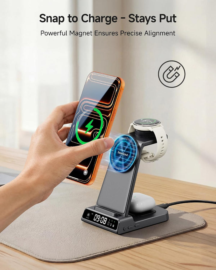 Ladestation für Garmin Watch, Magnetisch Induktive Ladestation für iPhone 17 16 15 14, 3 in 1 Wirele