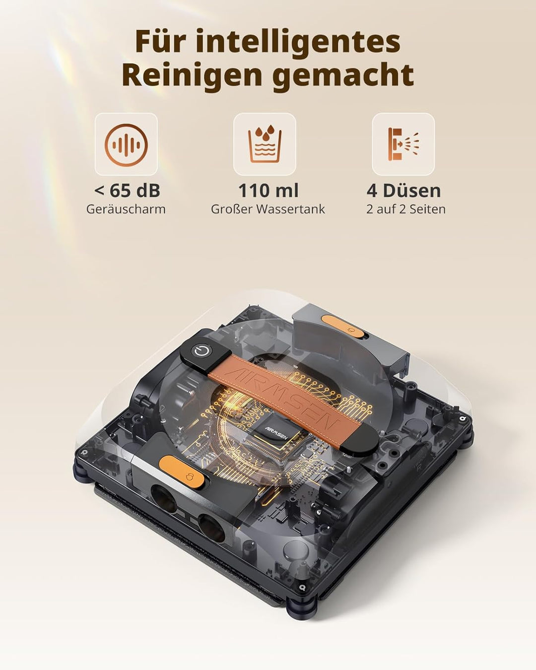 AIRMSEN YW733 Fensterputzroboter, Automatische Routenplanung, 4 Reinigungsmodi, 4 Sprühdüsen, 110 ml