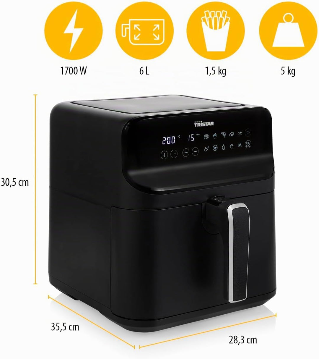 Tristar digitale Heissluftfritteuse – 6 L – 1,5 kg Pommes – Mattschwarzes Gehäuse – FR-9025