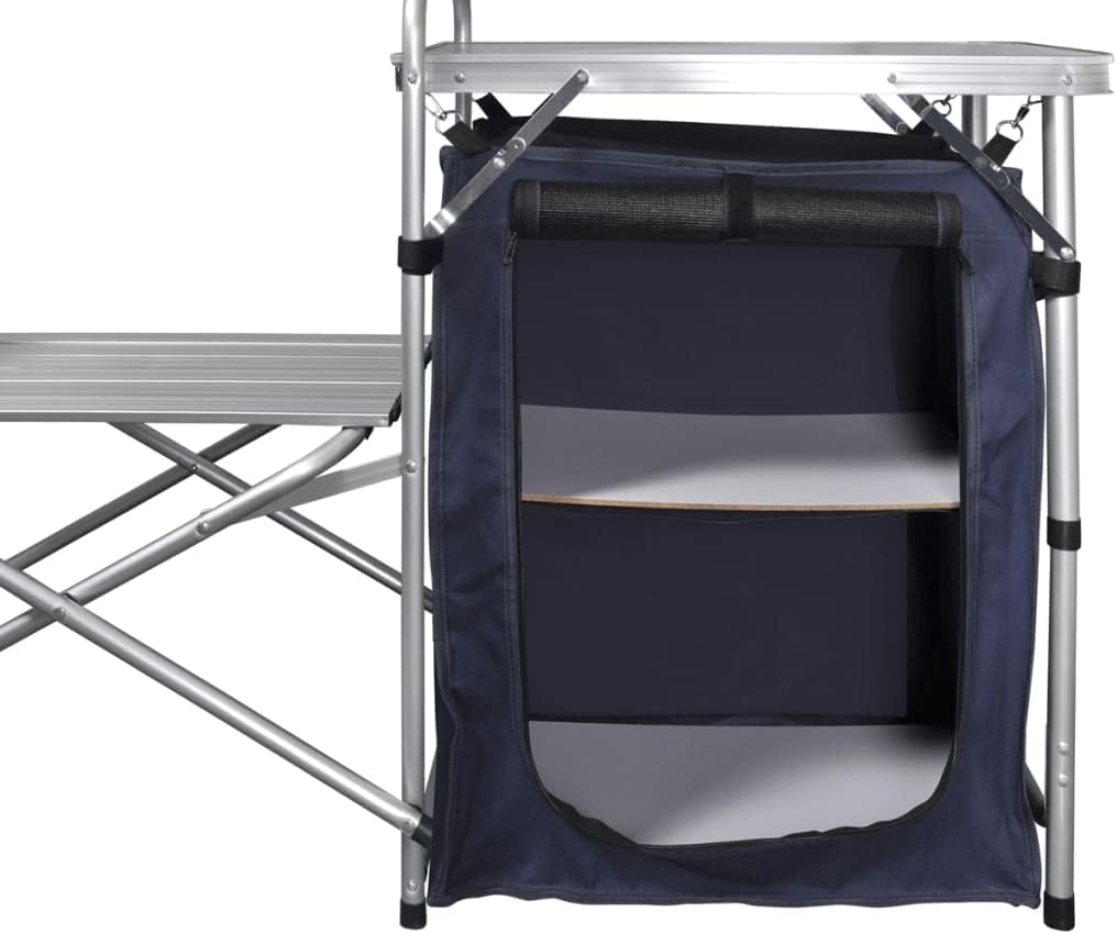 Campingküche klappbar mit Aluminium-Windschutz, grosser Arbeitsplatte, Schrank mit 2 Einlegeböden, l