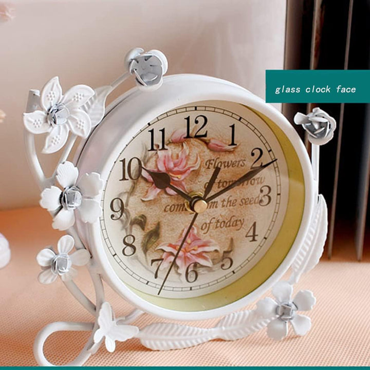 Weisse Blume Rustikalen Eisen Mantel Tischuhr Wohnzimmer Schlafzimmer Stille Desktop Uhr Kunst Wohnk
