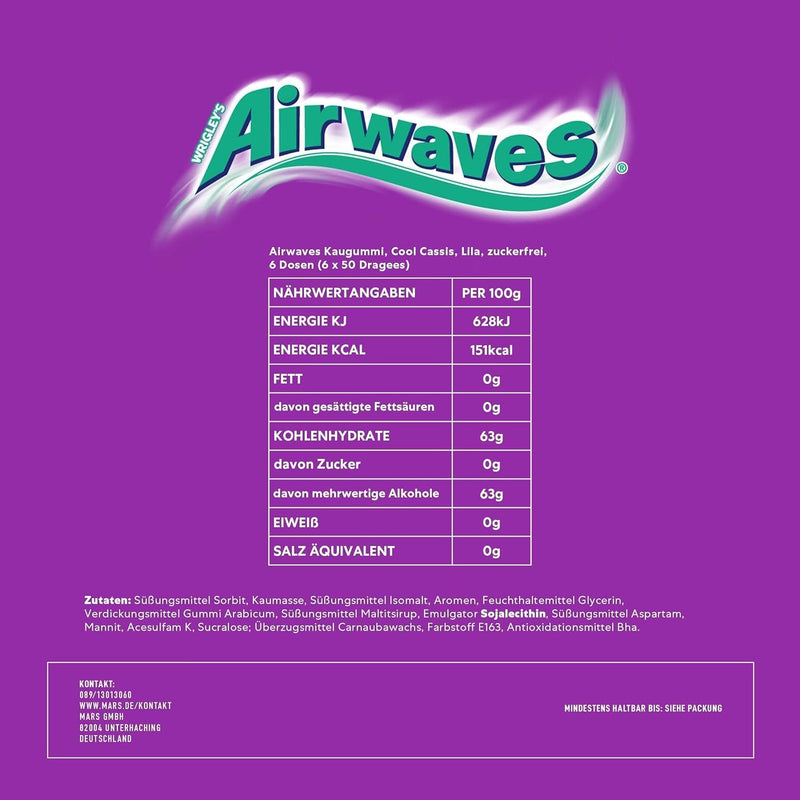 Airwaves Cool Cassis, Zuckerfreie Kaugummi-Dose, Mit Menthol Frische, 6 Dosen mit je 50 Dragees Cool