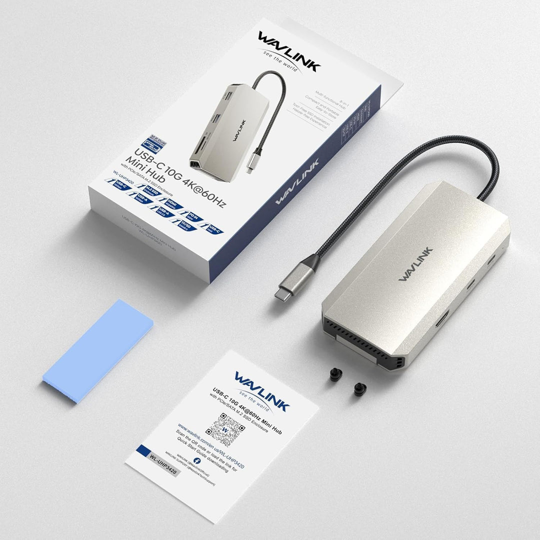 WAVLINK USB-C-Hub, 10-Gbit/s USB-C-Hub mit M.2 PCIe/SATA SSD-Anschluss, HDMI, 100-W-PD, USB-A&C 3.2/