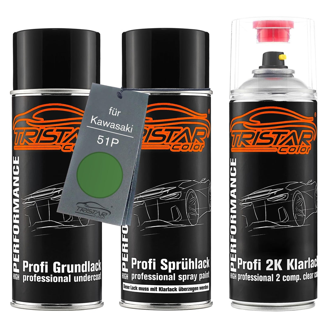 TRISTARcolor Motorradlack 2K Spraydosen Set für Kawasaki 51P Candy Line Green Metallic Grundlack Bas