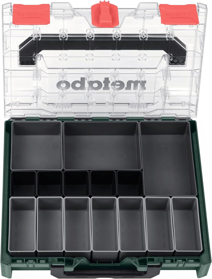metabo metaBOX 100 S Organizer - 7,2 l Koffervolumen - Robuster Sortimentskoffer mit 15 Einsatzboxen