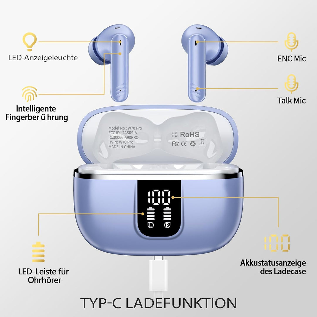 W70 Pro Bluetooth Kopfhörer In-Ear, Bluetooth 5.4 Wireless Earbuds mit HiFi-Sound, Sport Ohrhörer mi