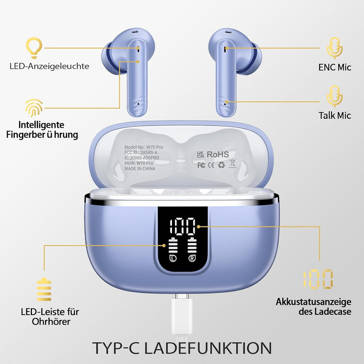 W70 Pro Bluetooth Kopfhörer In-Ear, Bluetooth 5.4 Wireless Earbuds mit HiFi-Sound, Sport Ohrhörer mi