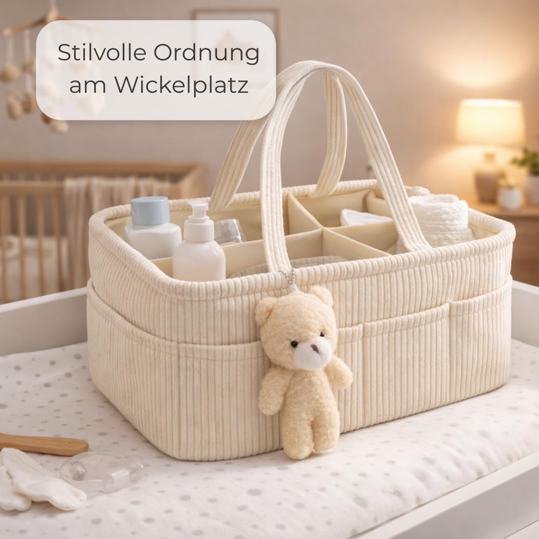 Wickelkorb Cord Beige - Wickelorganizer für Babys – Aufbewahrungskorb für Windeln, Feuchttücher und
