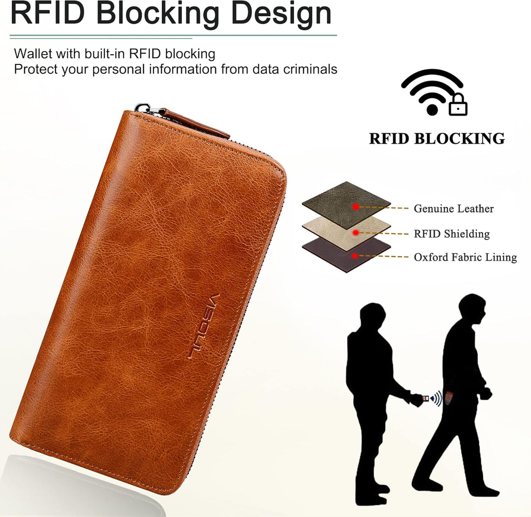 VISOUL Premium Brieftasche Echtleder/Italienisches Leder mit RFID-Schutz, XXL Geldbörse Braun L02, B