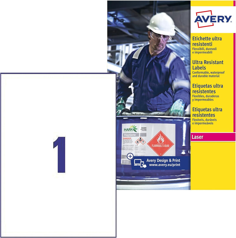 Avery b4775–50 A4 Ultra robuste Wasserdicht GHS Etiketten, bs5609 zertifiziert, für alle Drucker, 21