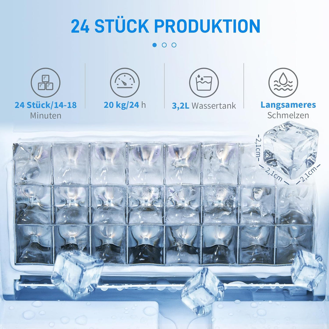 HOMCOM Eiswürfelmaschine, Ice Maker Edelstahl 24 Eiswürfel in 14-18 Min., 20kg/24h, 3,2L Wassertank,