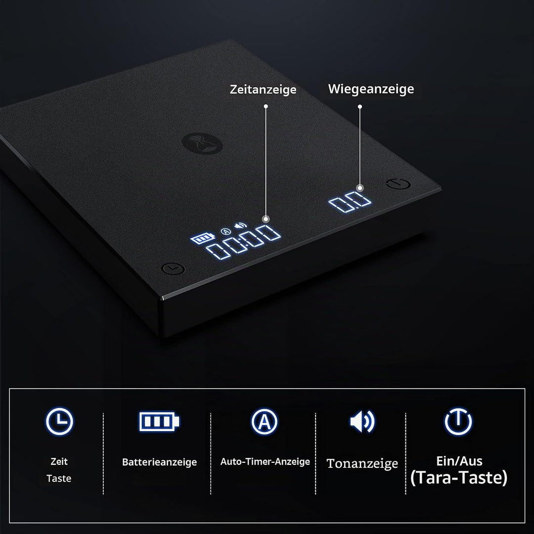 TIMEMORE Kaffeewaage, Espresso-Waage, Digitale Kaffeewaage mit Timer, 2000 g (Schwarz), Schwarz