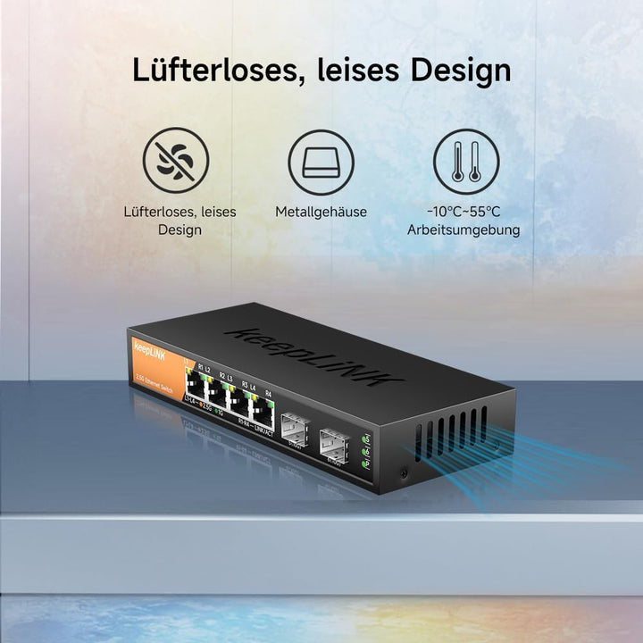 6-Port 2,5G Switch, Nicht verwaltet, 4 x 2,5GBASE-T-Ports und 2 x 10GBASE-T-SFP-Steckplätze, 60 Gbit
