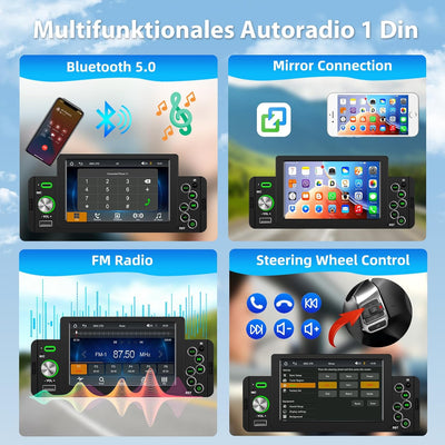 Podofo Autoradio 1 Din mit Wireless Apple Carplay Bluetooth Android Auto, 5 Zoll Auto Radio Stereo m