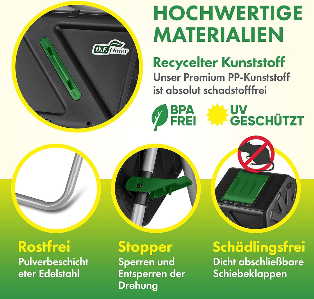 DF OMER Einkammer-Trommelkomposter für den Aussenbereich, Grosses Volumen, Kompaktes Design, 105 Lit