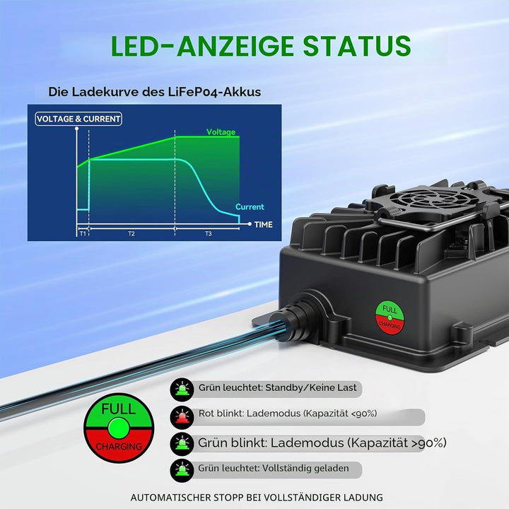 20 A LiFePO4 Batterieladegerät, 12 V/12,8 V Lithium-Batterie-Ladegerät mit Anderson-Anschluss, LED-A