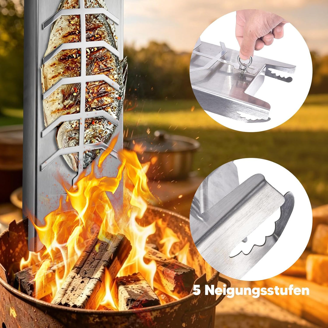Flammlachshalter Edelstahl 59.5cm für Feuerschale &amp; Grill | Extra Breit 16cm, 180° drehbar, Lachsbre