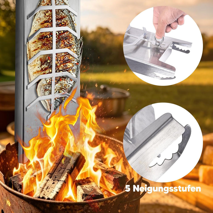 Flammlachshalter Edelstahl 59.5cm für Feuerschale &amp; Grill | Extra Breit 16cm, 180° drehbar, Lachsbre