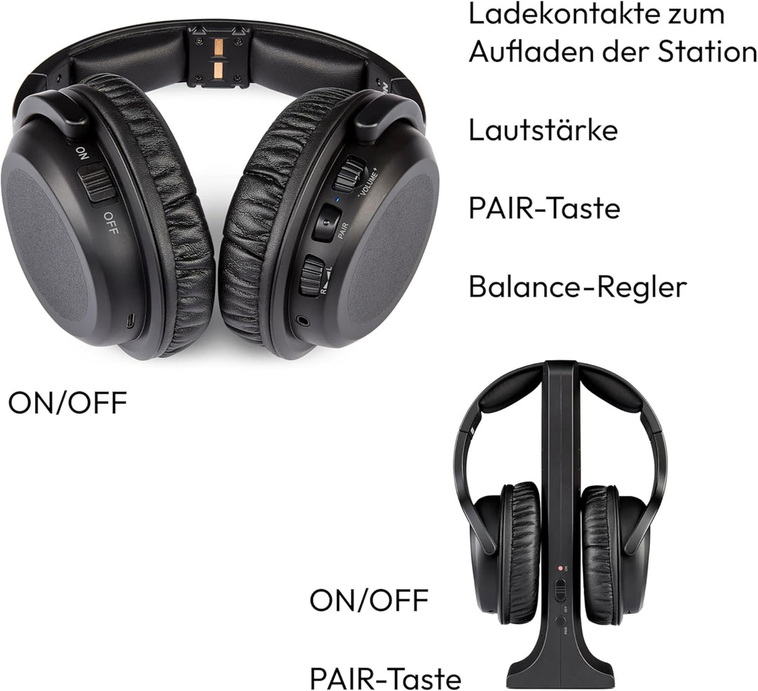 MEDION Funkkopfhörer HS-1 (kabellos, für TV, bis zu 15m Reichweite, mit Ladestation, Over Ear, USB C