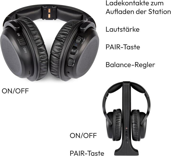 MEDION Funkkopfhörer HS-1 (kabellos, für TV, bis zu 15m Reichweite, mit Ladestation, Over Ear, USB C