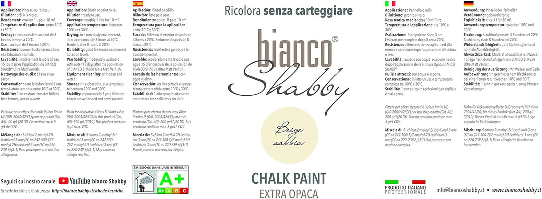 bianco Shabby® Beige Sabbia Kreidefarbe Wasserbasis für Alle Oberflächen einfach zu verarbeiten ohne