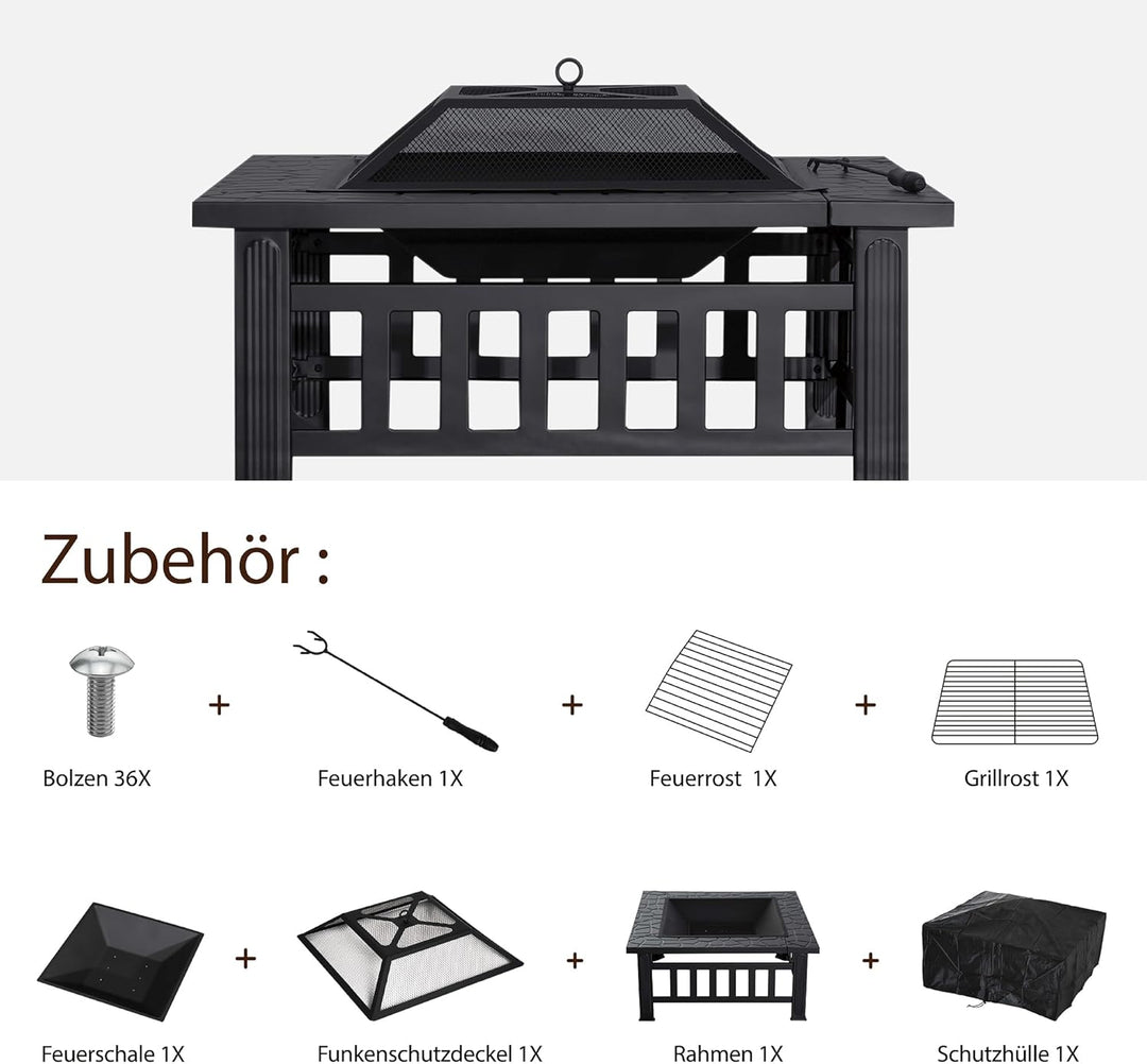 M MCombo Feuerschale mit Grillrost & Funkenschutz, Feuerkorb mit Schürhaken, Feuerstelle für Garten,