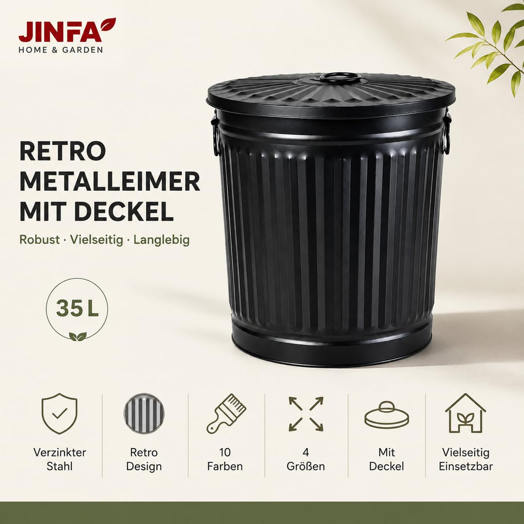 Jinfa Ascheeimer mit Deckel feuerfest Mülltonne Mülleimer Universaltonne | Schwarz | Ø 36 cm, Höhe 3